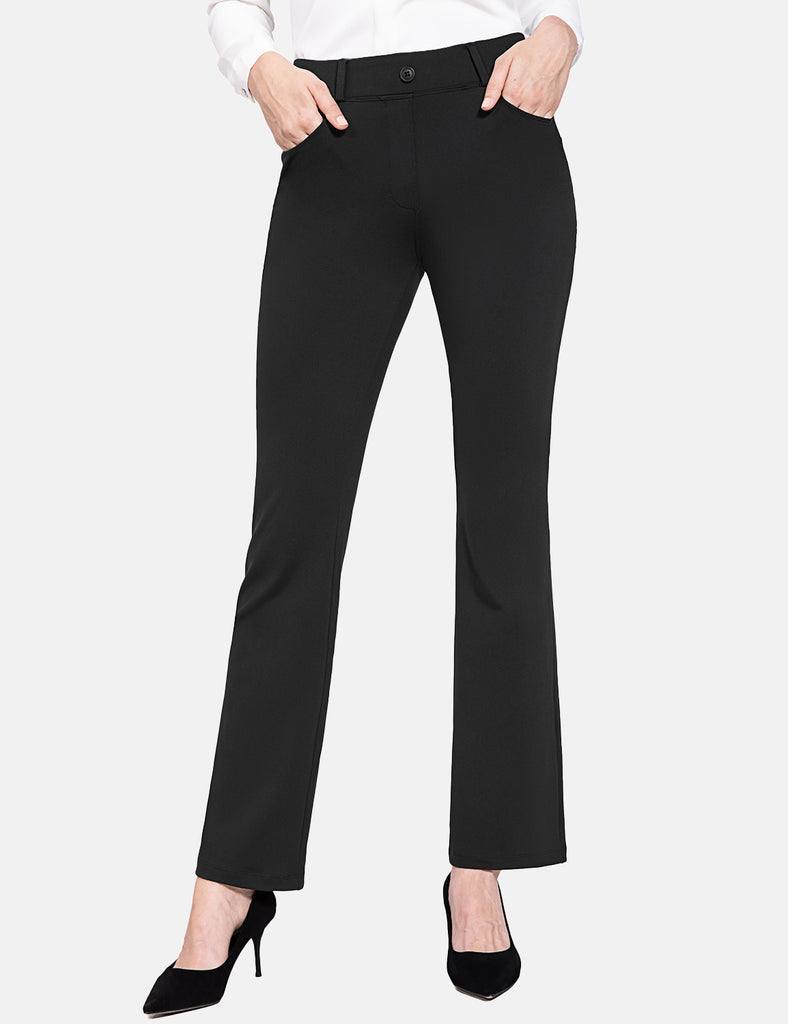 Black bootcut workleisure pants with mid-rise waist and four pockets.