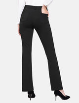 Black workleisure bootcut pants with mid-rise, four pockets, and a flattering fit.