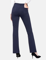 Navy blue workleisure bootcut pants with a mid-rise fit and two back pockets, worn with black heels.