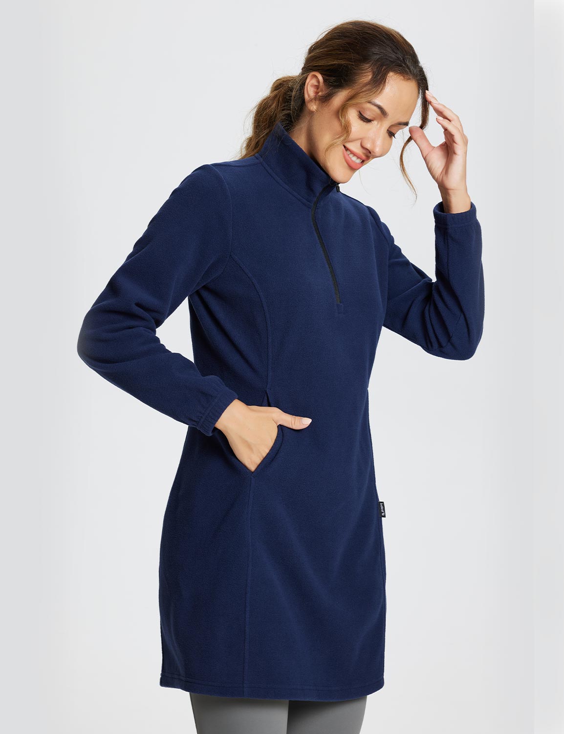Navy blue long-sleeve quarter zip thermal tunic dress with pockets and a flattering silhouette. #color_Navy Blue
