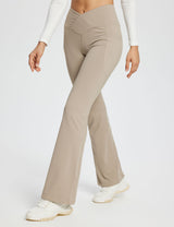 Laureate Women's 29" Khaki Crossover High-Waisted Flare Yoga Pants with pockets. #color_Khaki