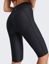 Black Flyleaf UPF 50+ high-rise swim shorts with side pockets and a built-in liner.