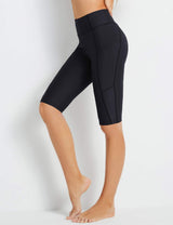 Model wearing black Flyleaf UPF50+ high-rise swim shorts with two side pockets and a built-in liner.