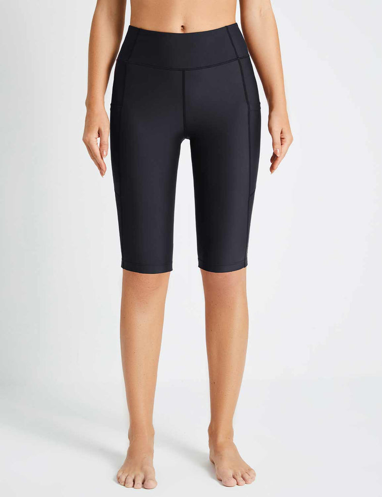 Baleaf Flyleaf UPF50+ black high-rise swim shorts with pockets and internal drawcord.