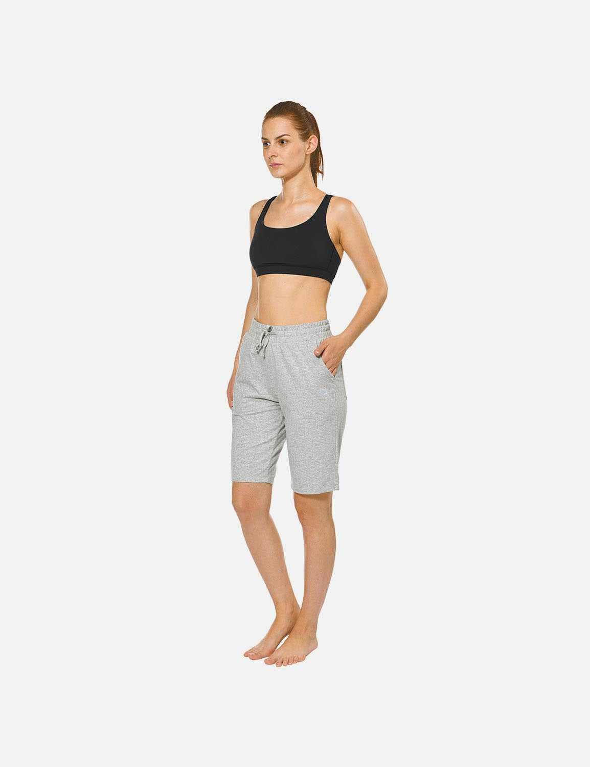 Baleaf Women's Mid-Rise Cotton Pocketed Bermuda Shorts abh104 Light Gray Full