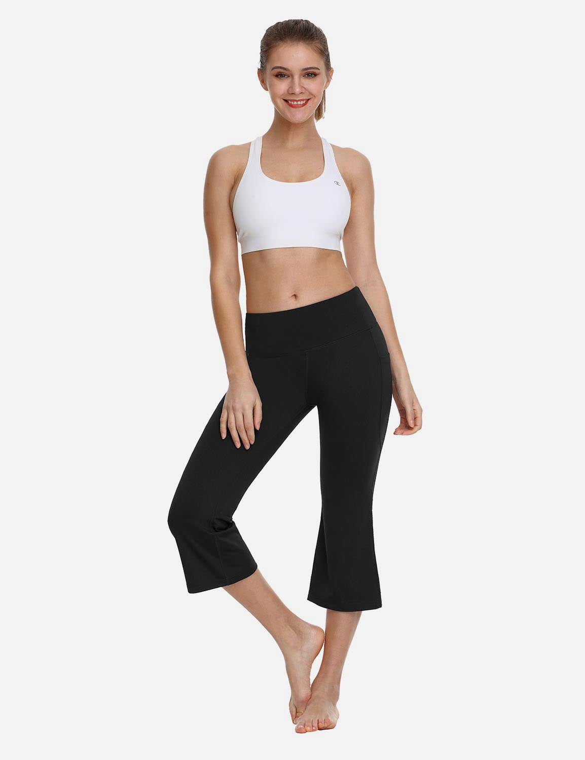 Baleaf Women Mid Rise Side & Hidden Pocketed Bootleg Basic Capris abh111 Black Full