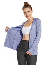Laureate women's UPF 50+ cooling hooded zip-up jacket in light blue with thumbholes and a high neck.