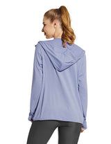 Laureate Women's UPF 50+ Cooling Hooded Zip-Up Jacket in light blue, showing back view with hood up.