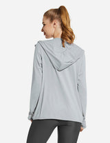 Gray Laureate women's UPF 50+ cooling hooded zip-up jacket with thumbholes, shown from the back.