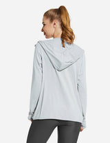 Light blue UPF 50+ cooling hooded zip-up jacket for women, featuring thumbholes and a relaxed fit.
