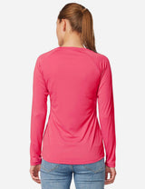 Back view of woman in Rouge Red UPF50+ sun shirt, ideal for hiking and outdoor adventures. #color_Rouge Red