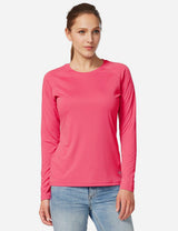 UPF50+ crew neck sun shirt in bright coral pink, ideal for hiking and travel. #color_Rouge Red