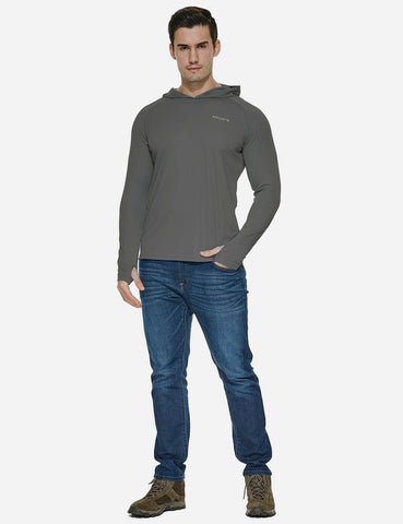Baleaf Men's UPF50+ Hooded & Thumbhole Comfort Fit Long Sleeved Shirt aga030 Deep Gray Full