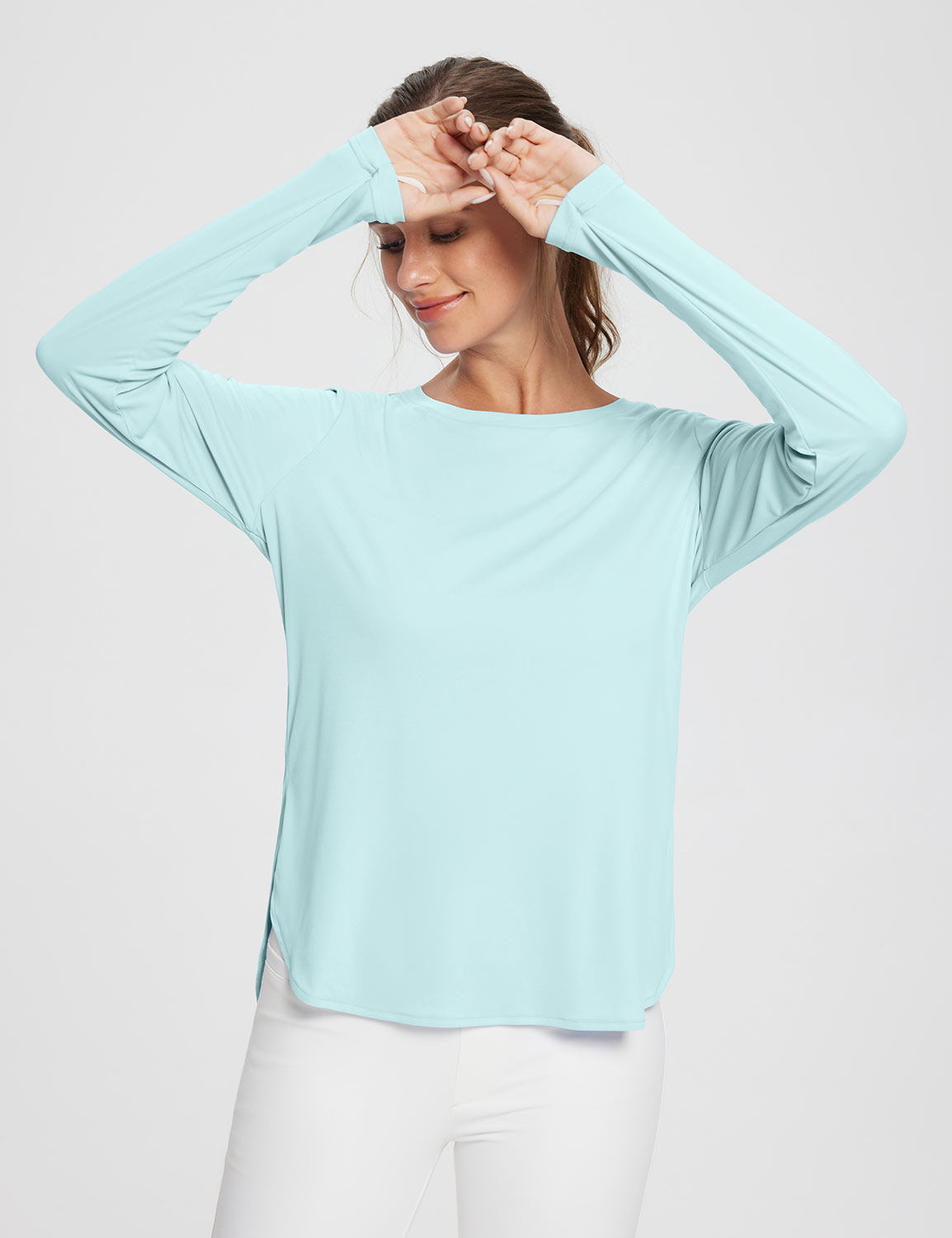 Light blue UPF 50+ long sleeve shirt with thumb holes and side slits #color_Spa Retreat
