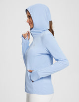 Light blue UPF 50+ women's hooded zip-up jacket with thumbholes and pockets. #Baleaf Lightweight Hoodie
