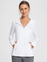 White UPF 50+ hooded zip-up jacket for women with thumbholes and pockets. #Baleaf egza005 Lucent White Main