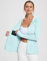 Light blue UPF 50+ hooded jacket on woman, zipping open to reveal inner pocket with phone. #Baleaf