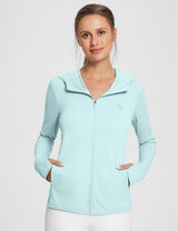 Light blue UPF 50+ hooded zip-up jacket with thumbholes, pockets, and subtle logo. #Baleaf Women's Hoodie