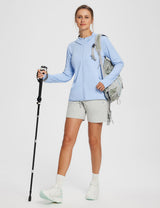 Light blue UPF 50+ zip-up jacket on woman with grey shorts, backpack, and hiking pole. #Baleaf Women's Hoodie