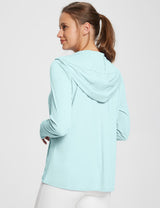 Light blue Baleaf UPF 50+ zip-up hoodie jacket with thumbholes on a woman. Back view.