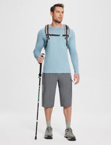 Flyleaf Men's UPF 50+ Crew Neck Long-Sleeve Sun Shirt with backpack and hiking pole