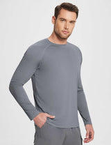 Men wearing a grey Flyleaf UPF 50+ long-sleeve sun shirt with crew neck and raglan sleeves.