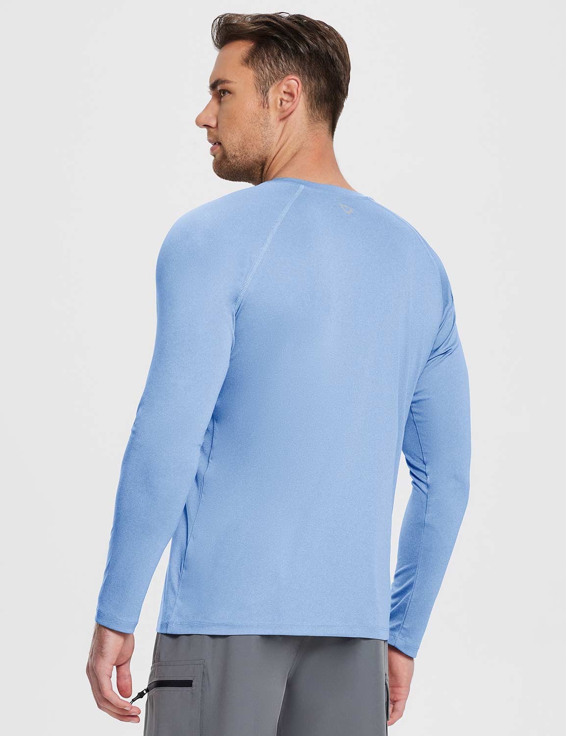 Flyleaf Men's light blue UPF 50+ crew neck long-sleeve sun shirt with raglan sleeves and flatlock seams, shown from the back.