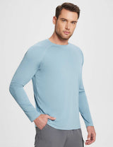 Light blue UPF 50+ long-sleeve crew neck sun shirt on a man wearing grey cargo shorts.